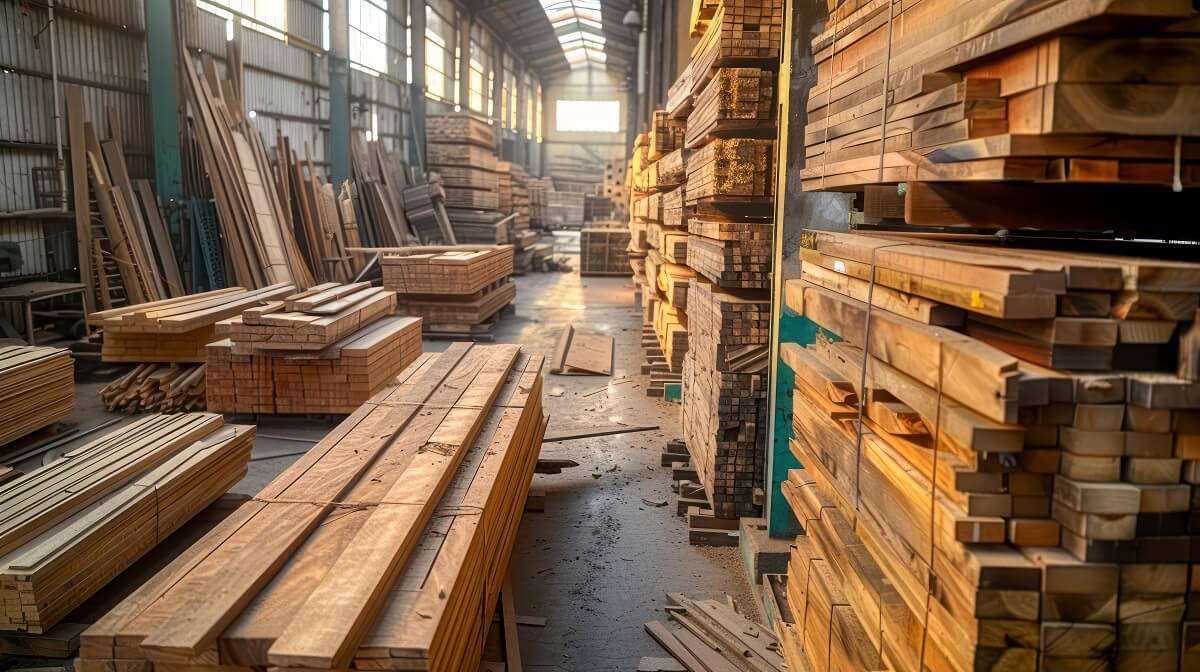 Stosy tarcicy impregnowanej w magazynie drewna.