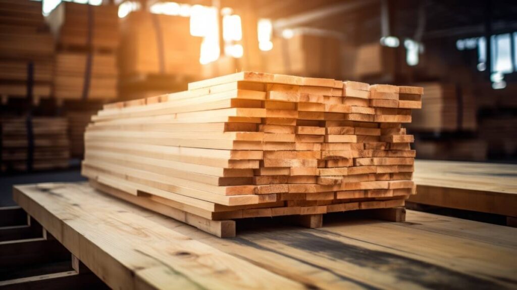 Stos desek w promieniach słońca w magazynie.